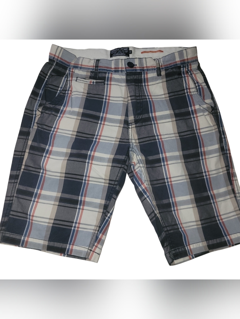 Point Zero Men's Grey, Navy And Cream Plaid Cotton Shorts Size 34